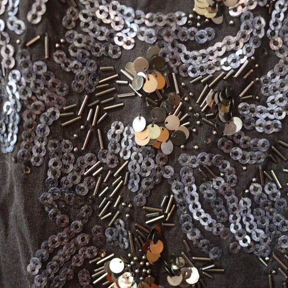 Classiques Entier Black Silk Sequin Beaded V neck Top LG - Picture 5 of 10